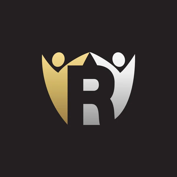 R lettre alphabet initiale logo avec travail d'équipe swoosh homme, argent or fond noir — Image vectorielle