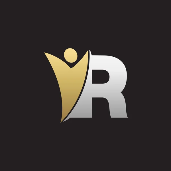 R inicial alfabeto letra logo con swoosh hombre, plata oro fondo negro — Vector de stock