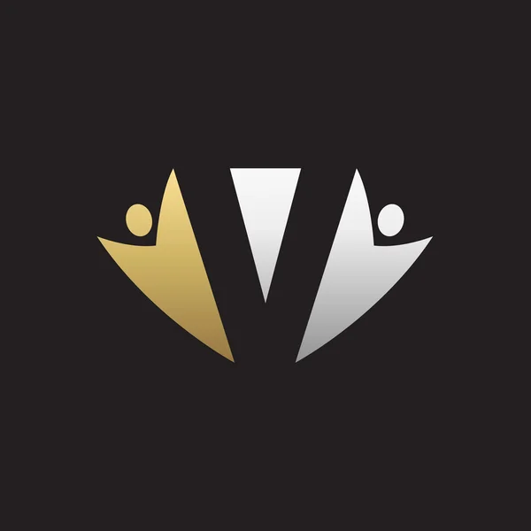 V Anfangsbuchstaben-Logo mit Teamwork-Swoosh Mann, Silber Gold schwarz Hintergrund — Stockvektor