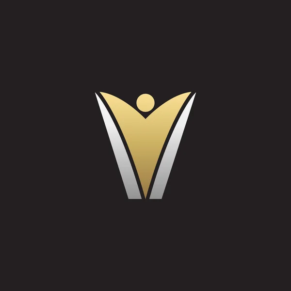 V första alfabet brev logotyp med swoosh man, silver guld svart bakgrund — Stock vektor