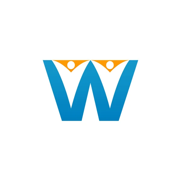 W Anfangsbuchstabe Buchstabe Logo mit Teamwork Swoosh Mann, orange blau — Stockvektor