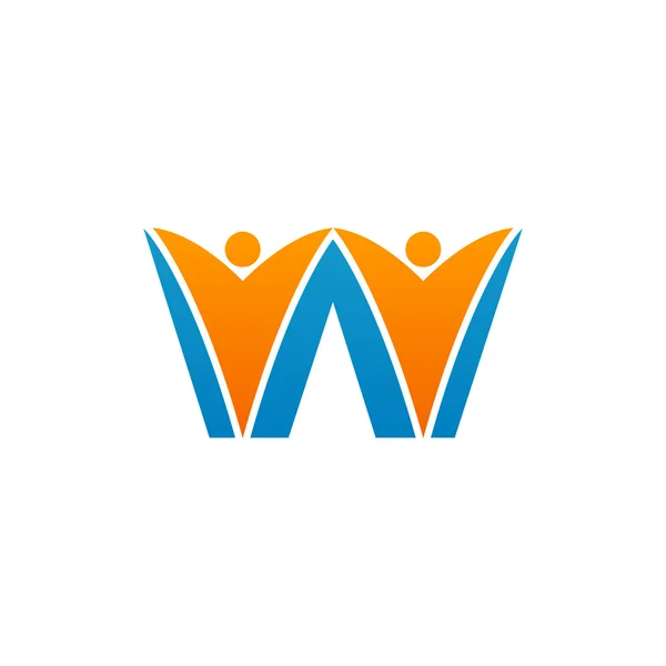W початковий логотип літери з командною роботою малий чоловік, помаранчевий синій — стоковий вектор