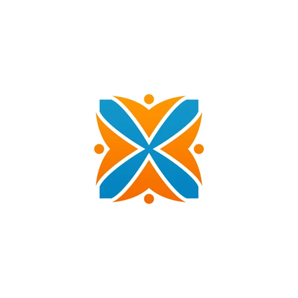 X inicial alfabeto letra logotipo con el trabajo en equipo swoosh hombre, naranja azul — Archivo Imágenes Vectoriales