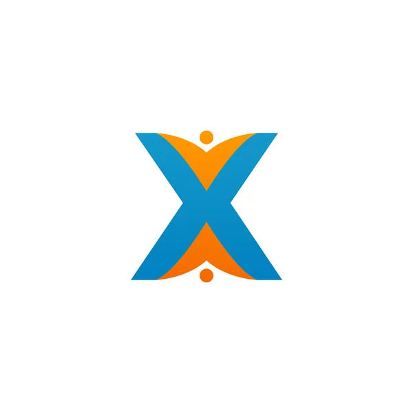 X inicial alfabeto letra logotipo con el trabajo en equipo swoosh hombre, naranja azul — Archivo Imágenes Vectoriales