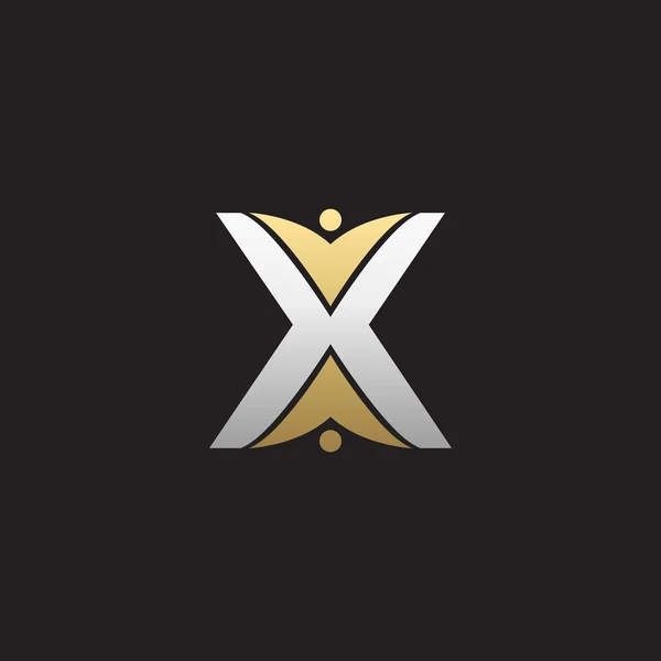 X Anfangsbuchstabe Buchstabe Logo mit Teamwork Swoosh Mann, Silber Gold schwarz Hintergrund — Stockvektor