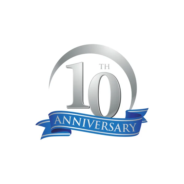 10th anniversary ring logo blue ribbon — Stock Vector
