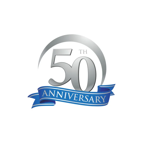 50th anniversary ring logo blue ribbon — Stock Vector