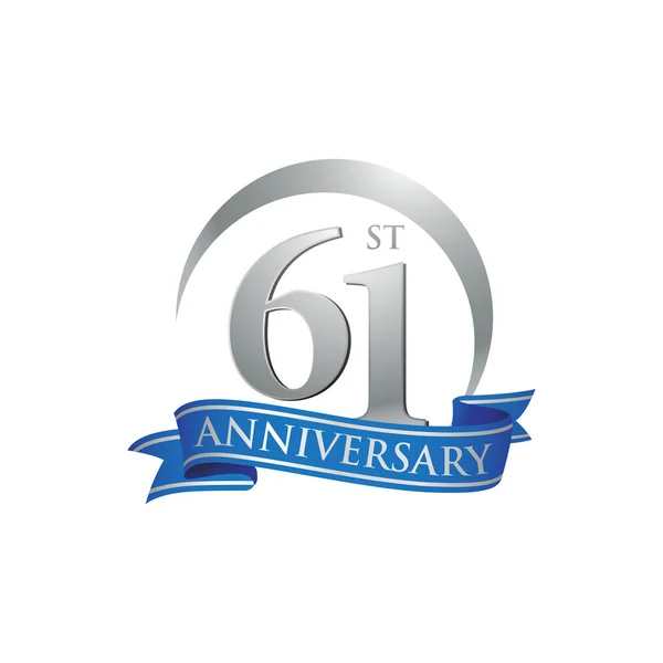 61e verjaardag ring logo blauw lint — Stockvector