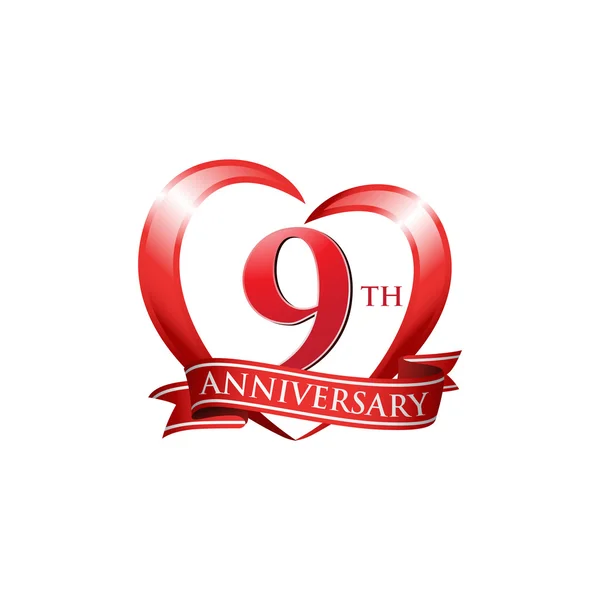 9th anniversary logo red heart — Stock Vector