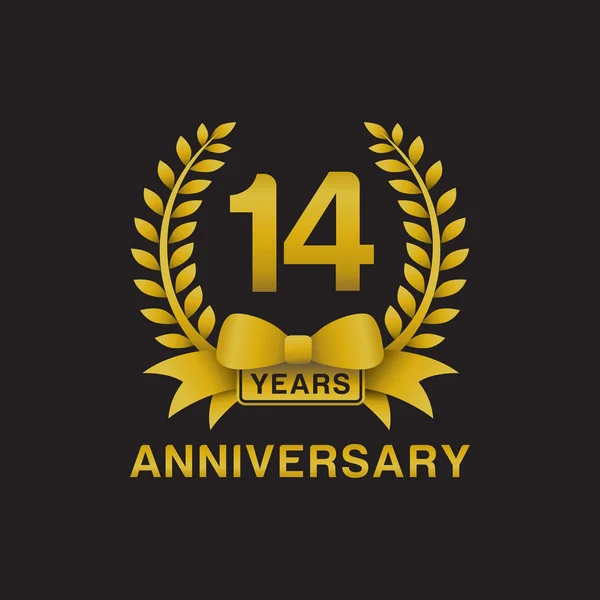 14th anniversary golden wreath logo black background — Stock Vector
