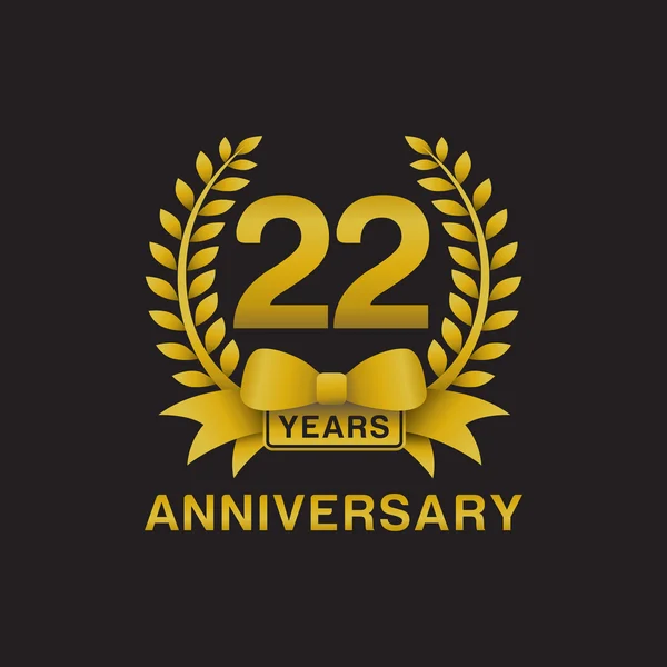 22nd anniversary golden wreath logo black background — Stock Vector