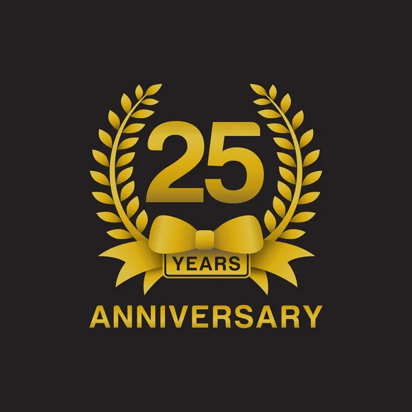 25th výročí zlatý věnec logo černé pozadí — Stockový vektor