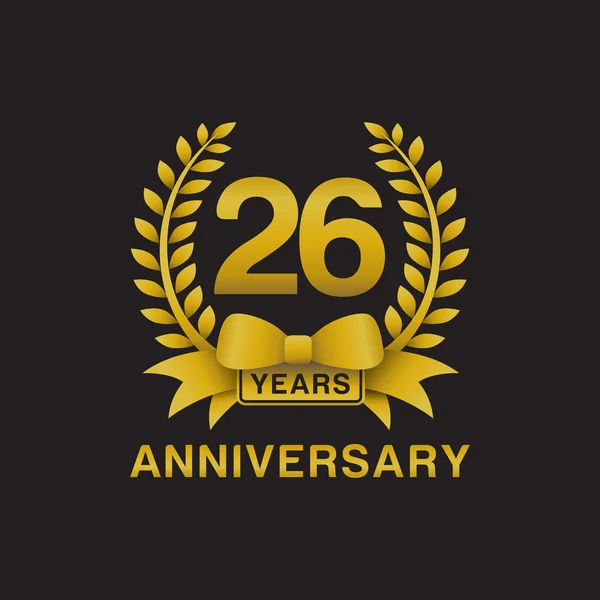 26 周年記念ゴールデン花輪ロゴ黒背景 — ストックベクタ