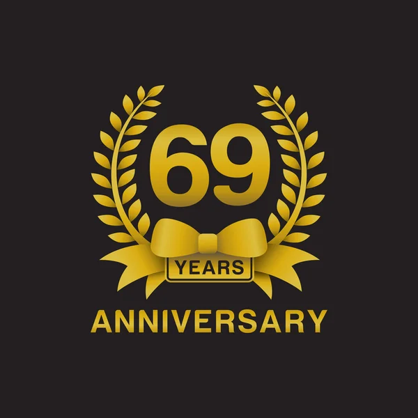 69 周年ゴールデン花輪ロゴ黒背景 — ストックベクタ