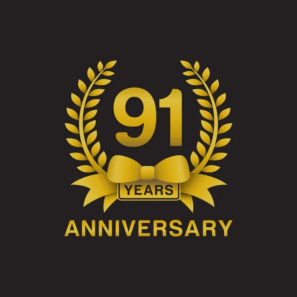 91e verjaardagslogo gouden krans zwarte achtergrond — Stockvector
