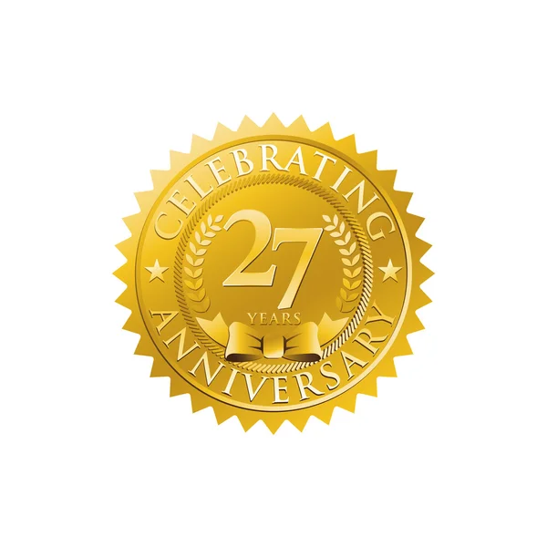 27 aniversário logotipo do crachá dourado — Vetor de Stock