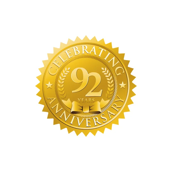 92nd anniversary golden badge logo — Stock Vector