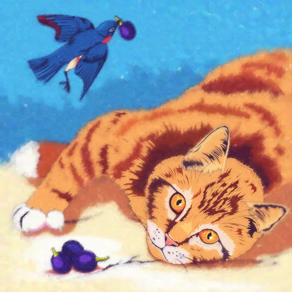 Иллюстрация кошек и птиц — стоковое фото