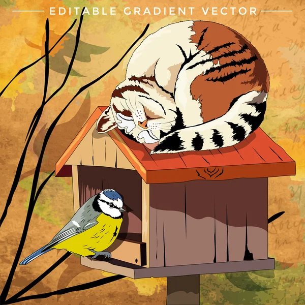 Illustrazione del gatto e dell'uccello — Vettoriale Stock