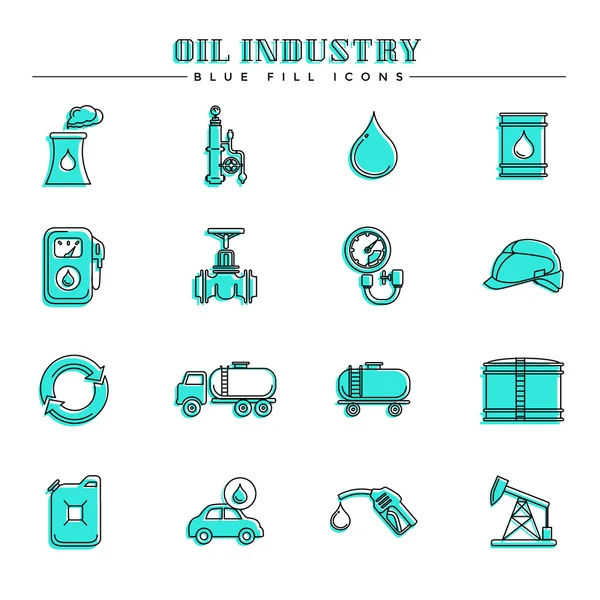 Ölindustrie und Energie, blaue Füllsymbole gesetzt — Stockvektor