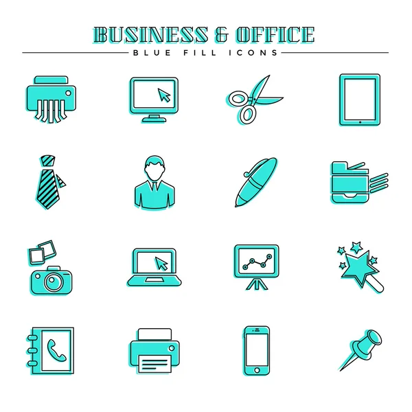 Afaceri și birou, set de icoane de umplere albastră — Vector de stoc