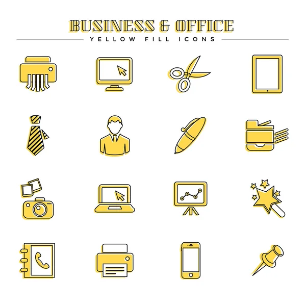 Negocio y oficina, conjunto de iconos de relleno amarillo — Vector de stock