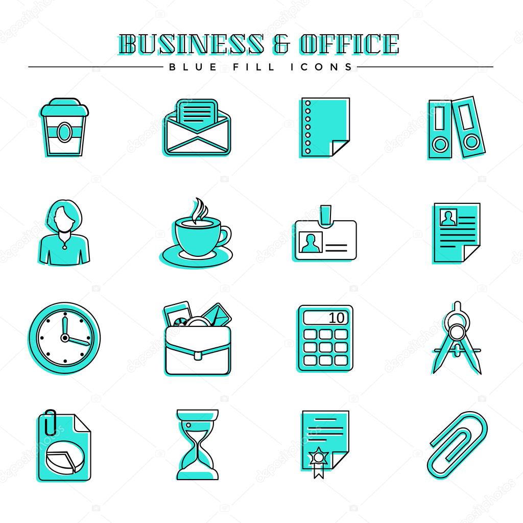 Business and office, blue fill icons set