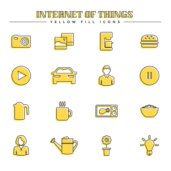 Internetul lucrurilor și casa inteligentă, set de pictograme de umplere galbenă — Vector de stoc