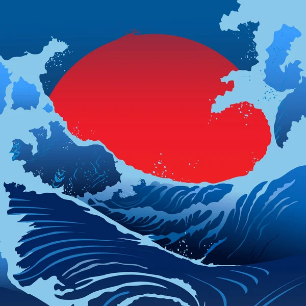 Blauwe golven en Red Sun In Japanse stijl — Stockvector