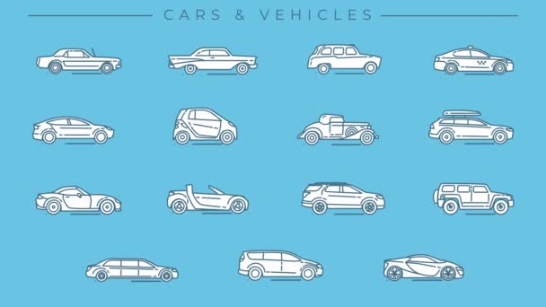 Collection of Cars and Vehicles line icons on the alpha channel. — Stock Video