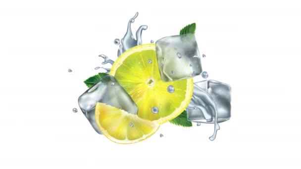 Animação de um voo lento de cubos de limão, menta e gelo no canal alfa. — Vídeo de Stock
