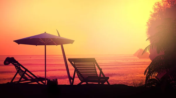 Pôr-do-sol brilhante numa praia tropical vazia. — Fotografia de Stock