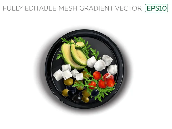 Feta y queso Mozzarella con verduras en un plato negro. — Vector de stock