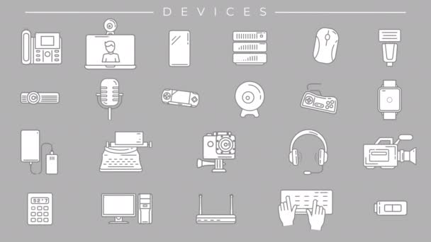 Ícones de linha de dispositivos no canal alfa. — Vídeo de Stock