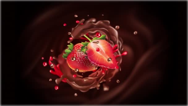 Animation de tranches de fraise au chocolat liquide. — Video