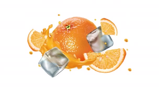 Orange mit Saft und Eiswürfeln auf dem Alphakanal. — Stockvideo