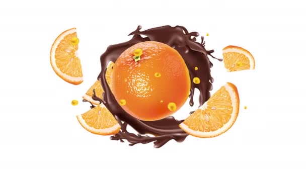 Апельсин с жидким шоколадом на альфа-канале. — стоковое видео