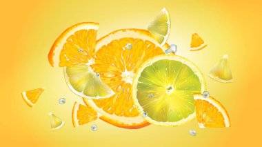 Uçuşta portakal ve limon dilimleri ve su damlacıkları.