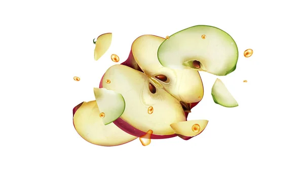Repülő vörös és zöld almaszeletek egy csepp gyümölcslével. — Stock Vector