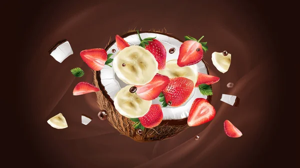 Noix de coco, banane et fraise sur fond brun. — Image vectorielle