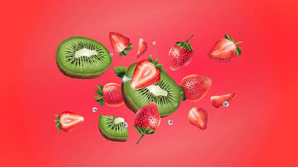 Kiwi y fresas vuelan sobre un fondo rojo. — Vector de stock