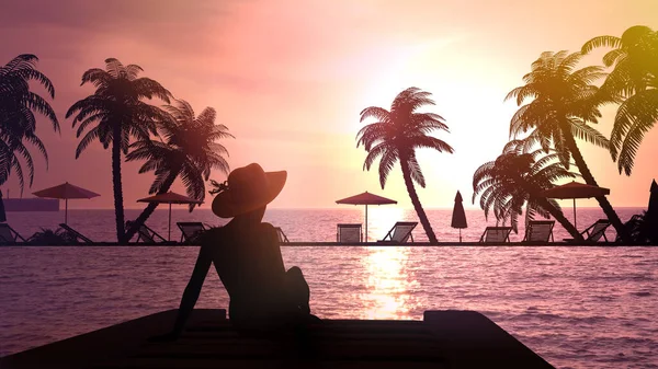 Mujer con sombrero en el resort. — Foto de Stock