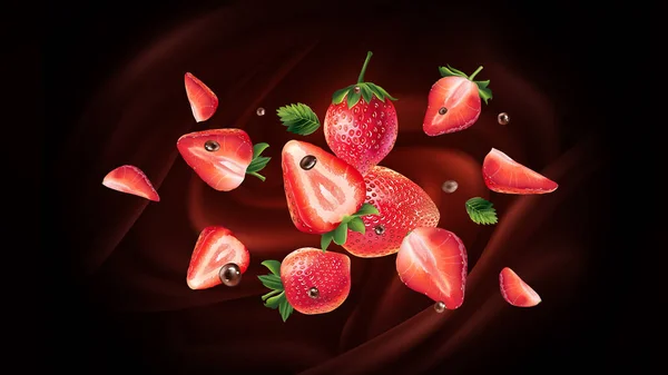 Fresas frescas volando sobre fondo de chocolate. — Vector de stock