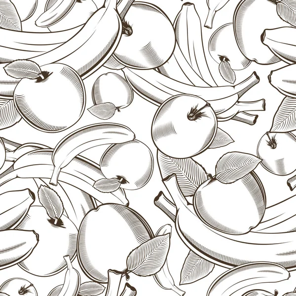 Svart och vitt sömlöst mönster med bananer och äpplen i vintage stil — Stock vektor