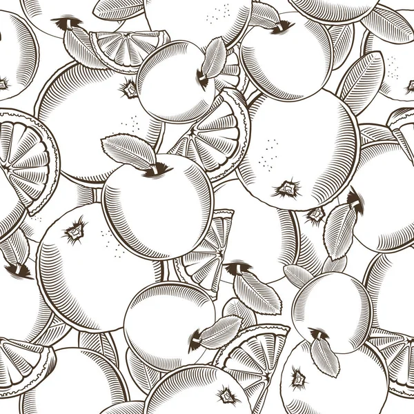 黒と白のシームレスなパターンとリンゴとオレンジのヴィンテージスタイル — ストックベクタ