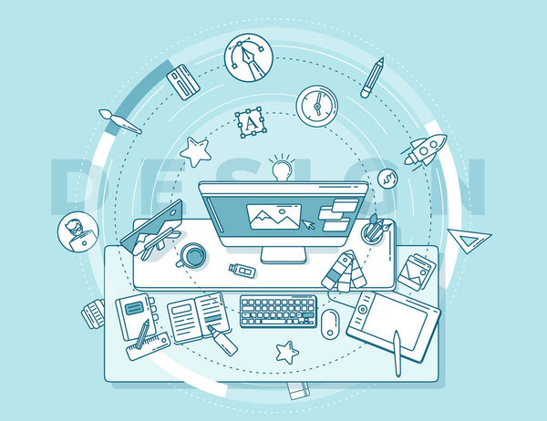 Иллюстрация о работе дизайнера по рекламному дизайну.