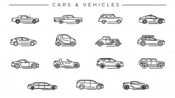 Collection of Cars and Vehicles line icons on the alpha channel. — Stock Video