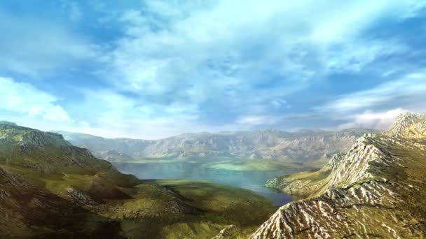 Landskap med gröna berg, sjö och blå himmel. — Stockvideo