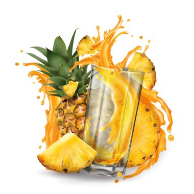 Beyaz arka planda ananas ve bir bardak su sıçrama suyu..
