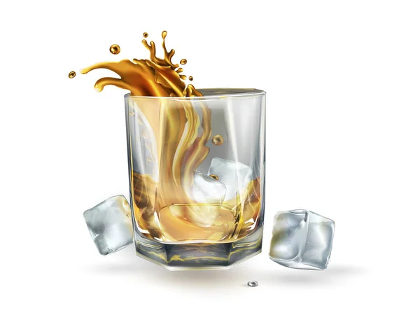 Salpicadura de whisky en un vaso y cubitos de hielo. — Foto de Stock